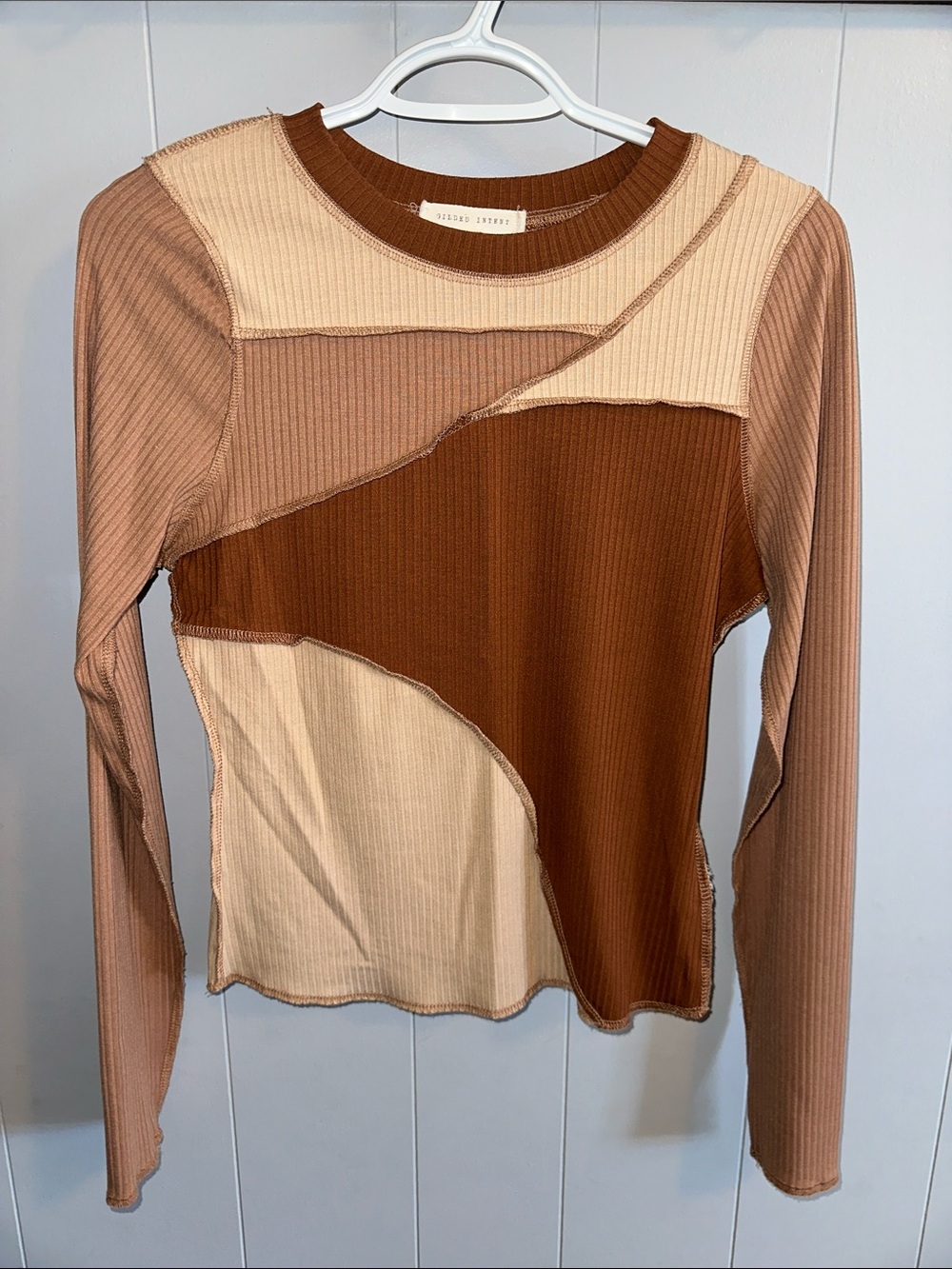 Gilded Intent Colorblock Ribbed Long Sleeve Top - Brown/Cream/Tan